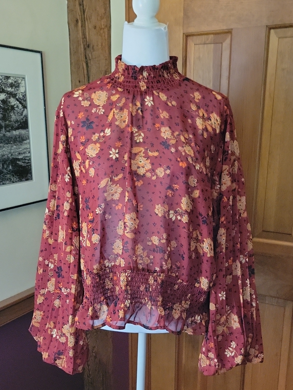 Cottagecore Floral Smocked Neck Balloon Sleeve Blouse - Rust Burgundy